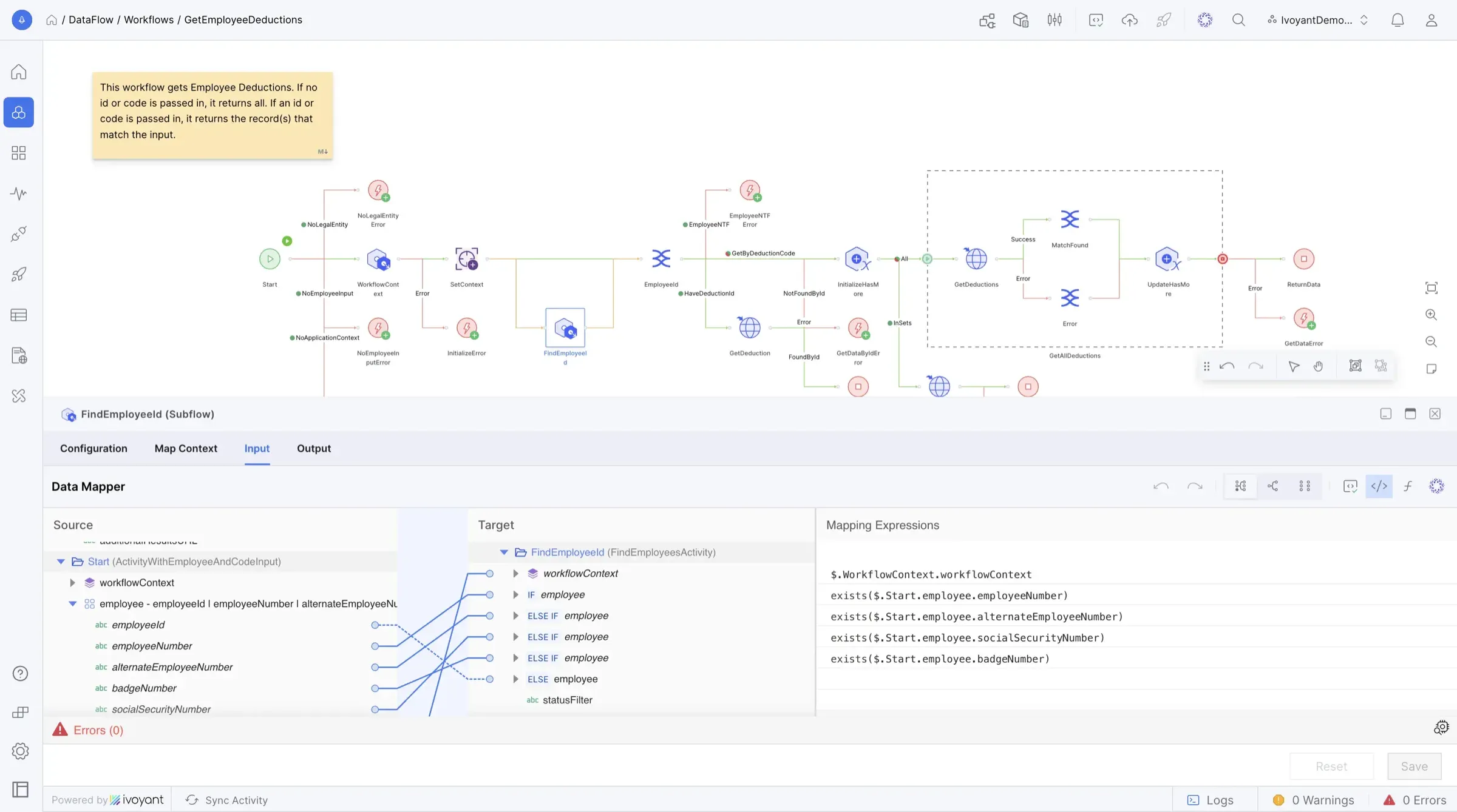 Koodisi iPaaS workflow builder — visual canvas showing an enterprise integration pipeline connecting CRM, ERP, and HRMS systems