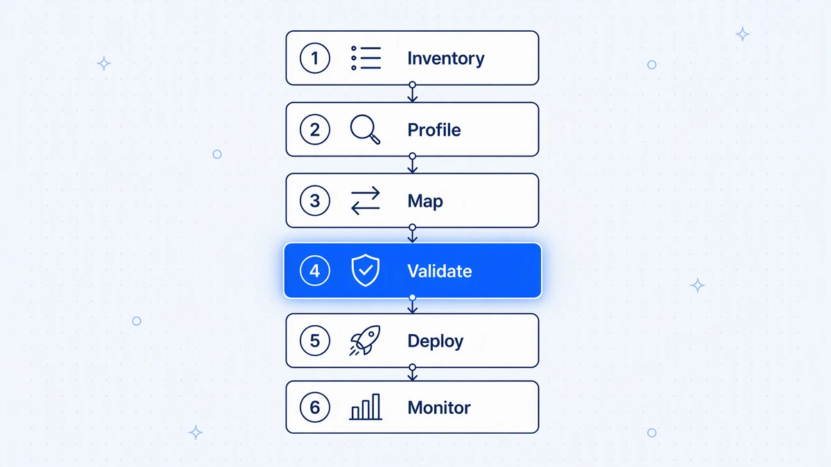The data mapping process: inventory, profile, map, validate, deploy, and monitor.