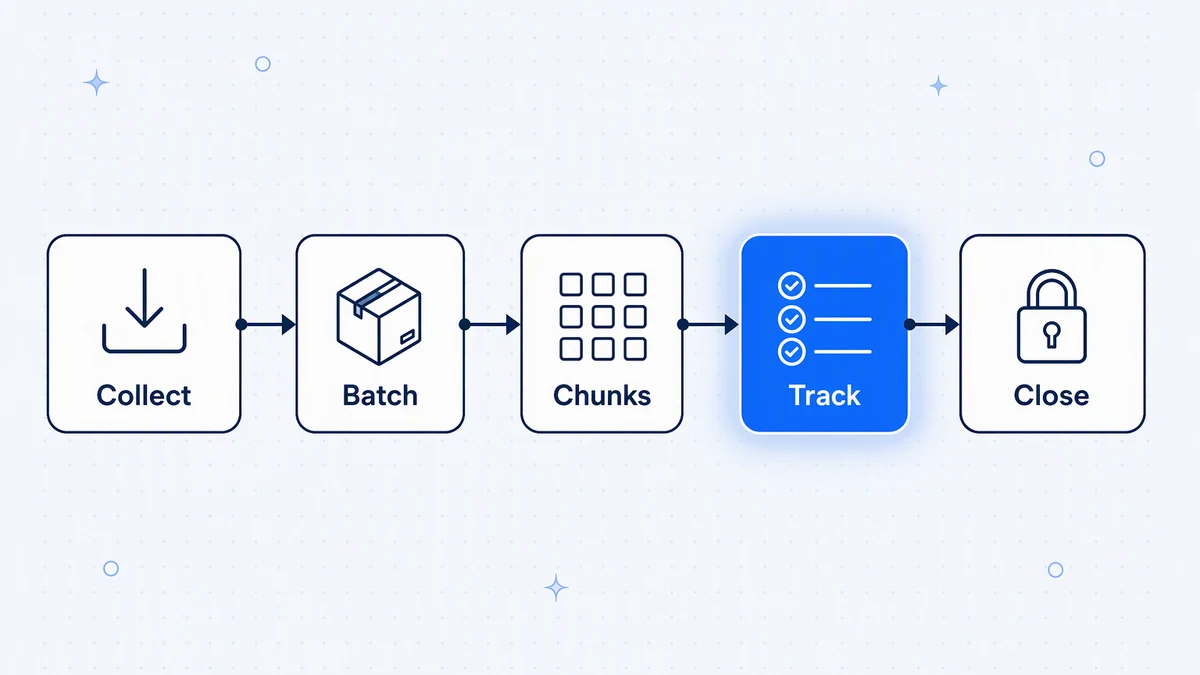 The batch lifecycle: collect records, create a batch, process it in chunks, track every record, then close the batch.