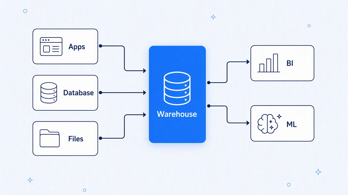 A typical ELT setup: apps, databases and files load into one warehouse that serves BI and machine learning.