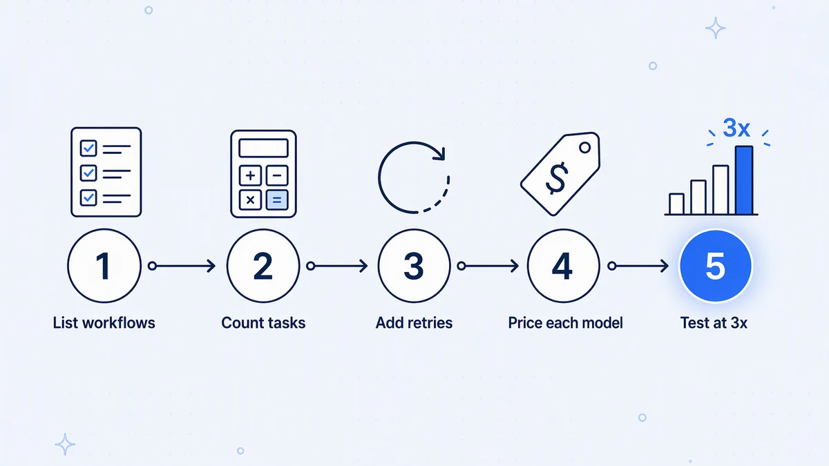 Five steps to estimate iPaaS cost: list workflows, count tasks, add retries, price each model, then test at three times the volume.