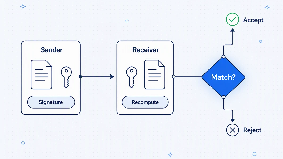 The sender signs the payload with a secret; the receiver recomputes the signature and accepts or rejects the event.