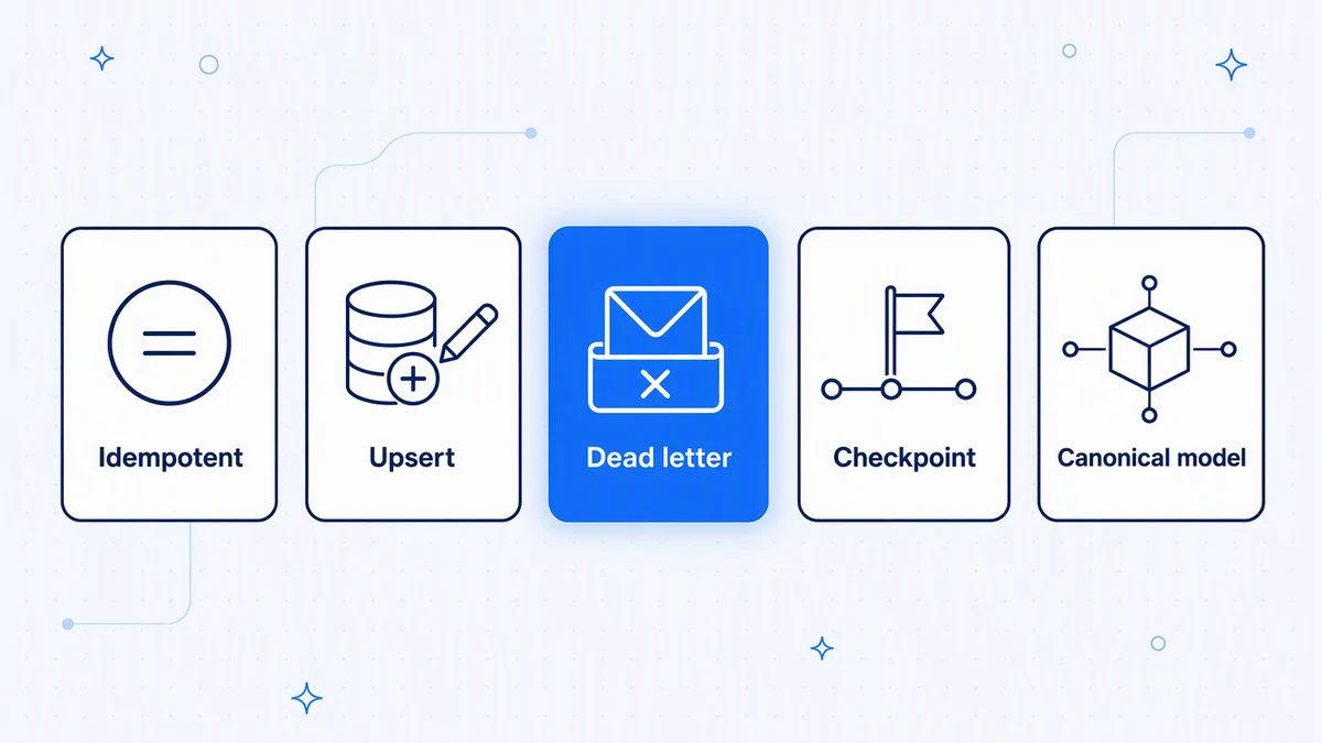 Reliability patterns: idempotent writes, upserts, dead-letter handling, checkpoints, and a canonical model.