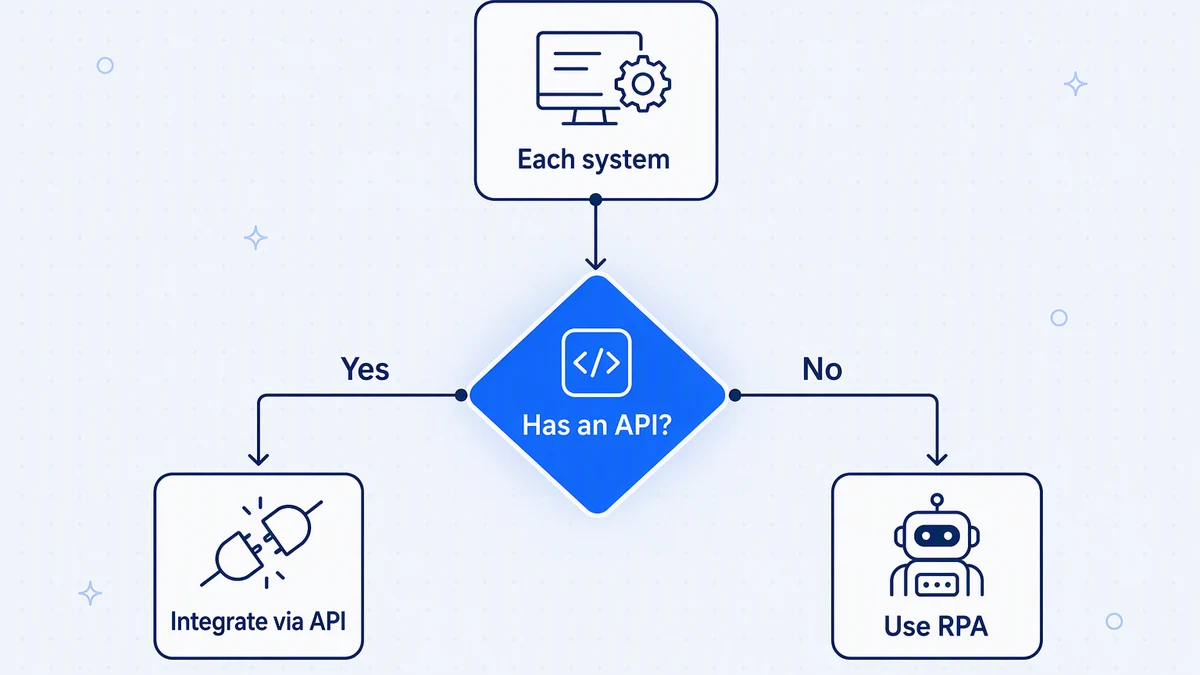 Decide per system: use an API where one exists, and a bot only where the screen is the only way in.