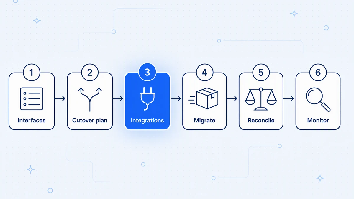Plan both together: inventory interfaces, choose the cutover approach, build new integrations early, migrate, reconcile, and monitor.