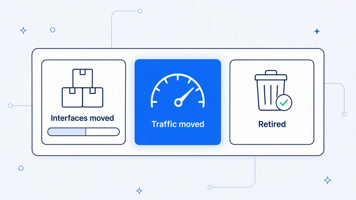 Track the migration: interfaces moved, traffic on the new platform, and interfaces retired from the bus.