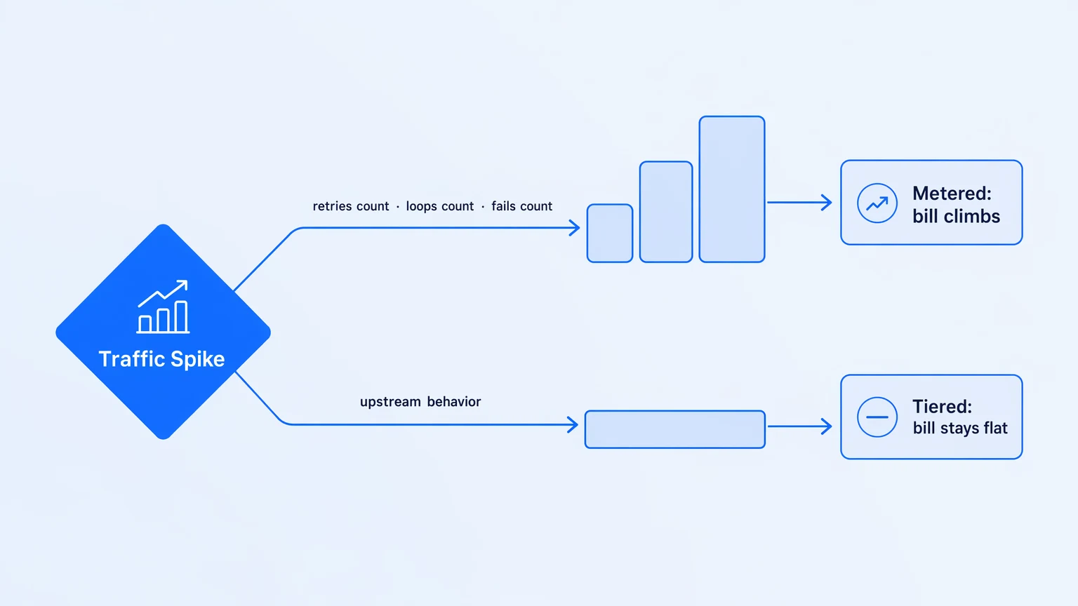 Flat illustration comparing metered vs feature-tiered iPaaS billing models, showing bill behavior when traffic spikes